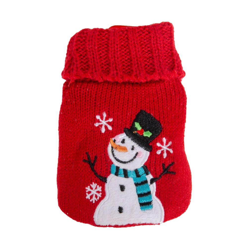 reusable red woolly snowman hand warmer with embroidered snowman design