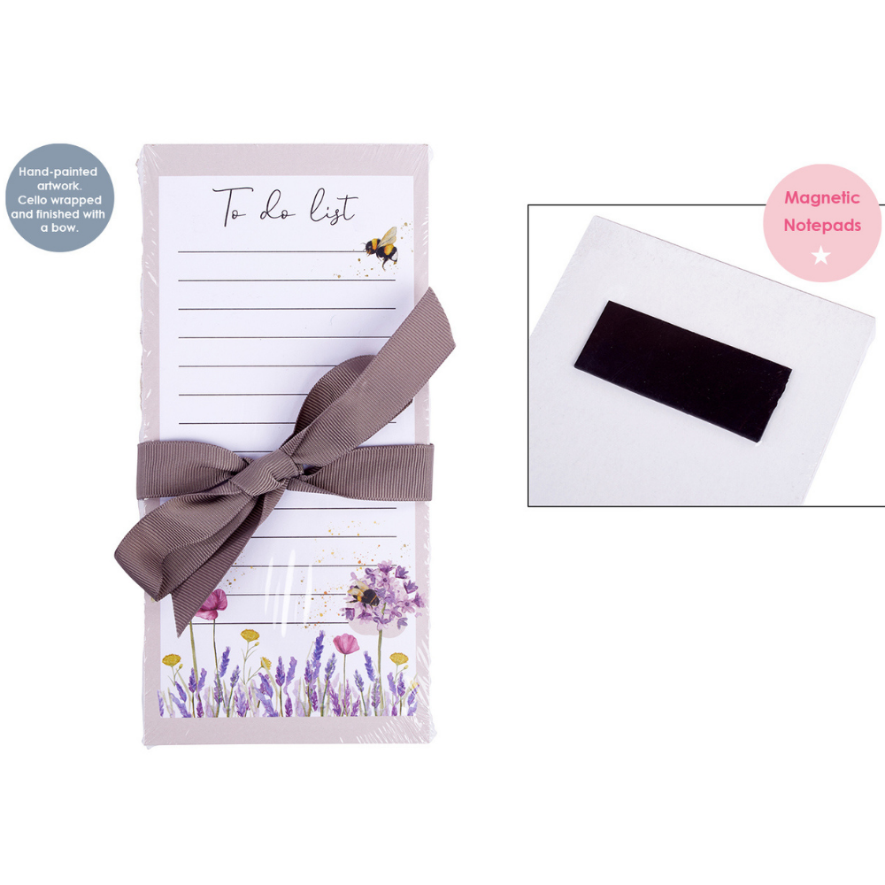 bee design chunky to do list notepad with magnetic strip on back wrapped in cello and tied with a brown fabric gift ribbon