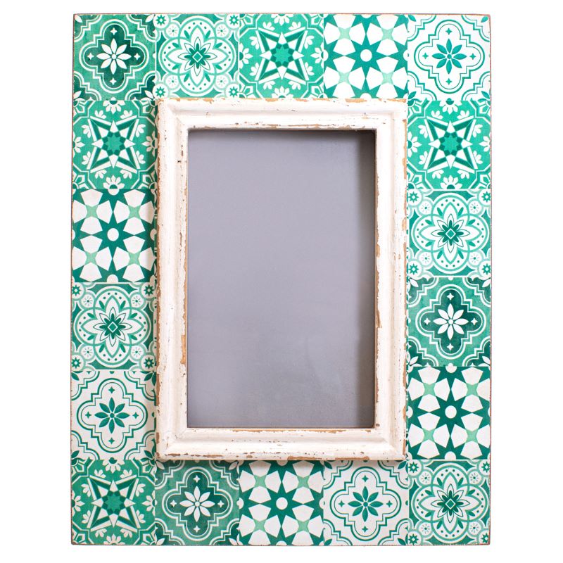 Photoframe with a green mosaic tile design the outer part and a distressed cream painted surround for the photo section.