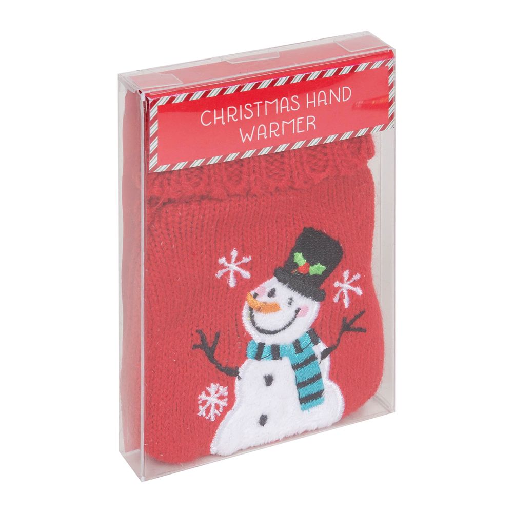reusable red woolly snowman hand warmer with embroidered snowman design in clear acetate box