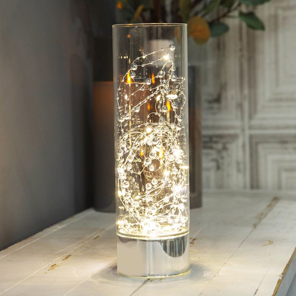 30 cm silver and glass light up tube with decorative lighting 