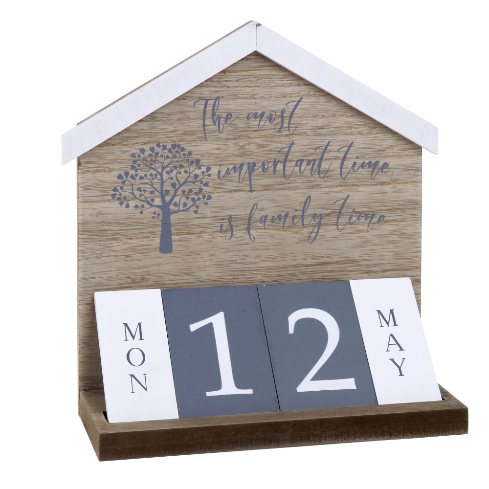 wooden shabby chic style everlasting perpetual calendar blcok with interchangeable wooden dates.  The calendar is inscribed with the most important time is family time