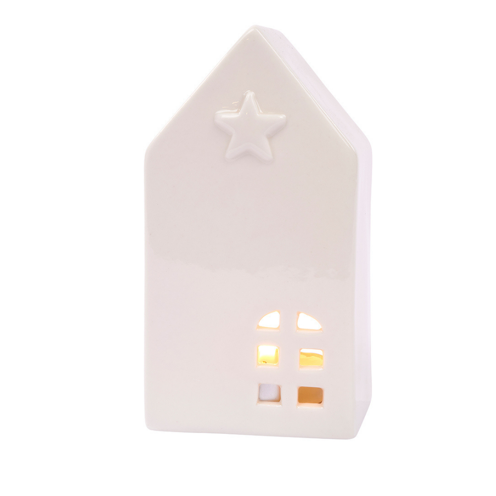 white glazed ceramic house shape tealight candle holder with star embossed on front