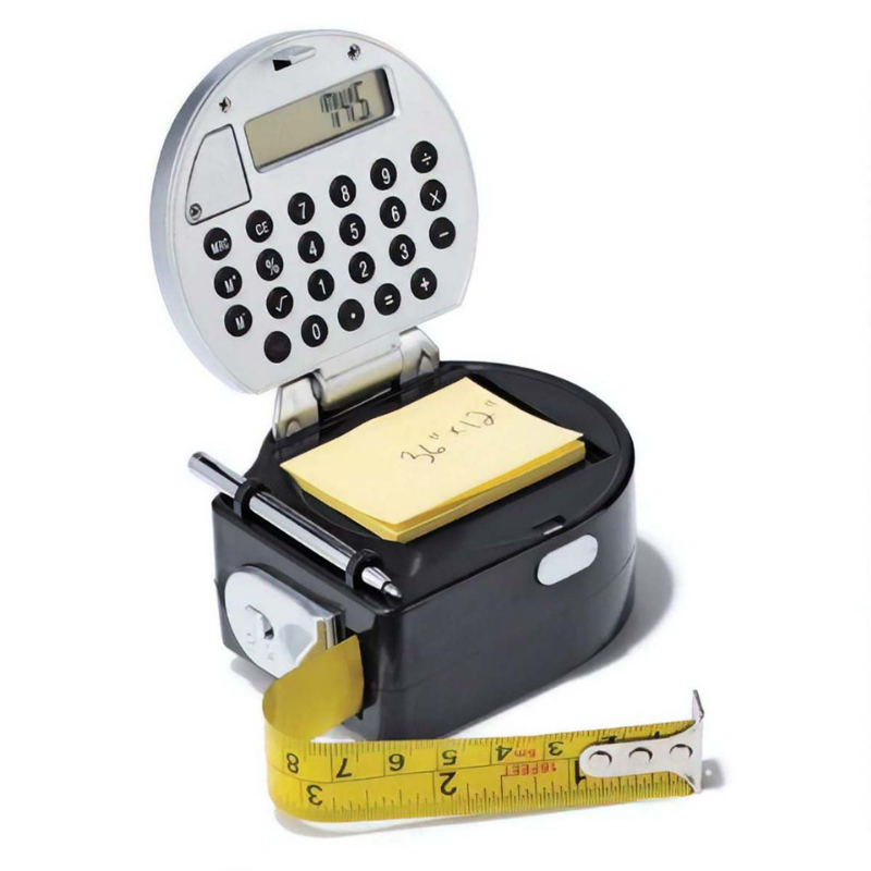 mad man branded 5 in 1 multifunction tape measure gadget.  includes 16ft tape measures, calculator, light, pen and memo pad.  Supplied in a black gift box.