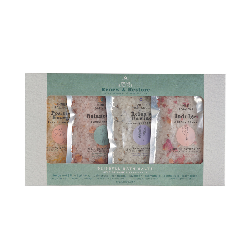 set of 4 renew and restore bath salts in gift pack.  contains 4 different bath salts including, positive energy, balance me, relax and unwind and indulge