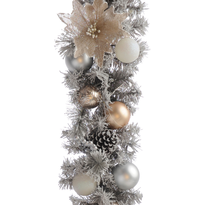 270 cm 9ft snowy christmas garland with grey snowtipped artificial spruce, champagne gold coloured baubles, silver baubles and white sparkly baubles.  garland also features sparkle finish hessian poinsettias.