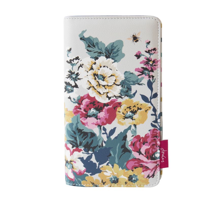 joules cambridge floral travel wallet for documents.  floral design in mustard yellow, shades of green and pink, set on a pale grey background