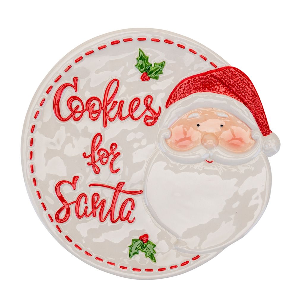 cookies for santa plate with text saying cookies for santa and large picture of santa on front of plate