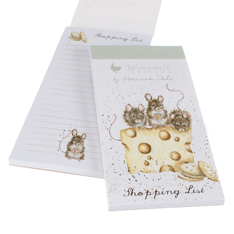 wrendale designs shopping list pad with comical illustration of  three mice on the  front cover who are munching cheese and crackers. The internal pages are lined 