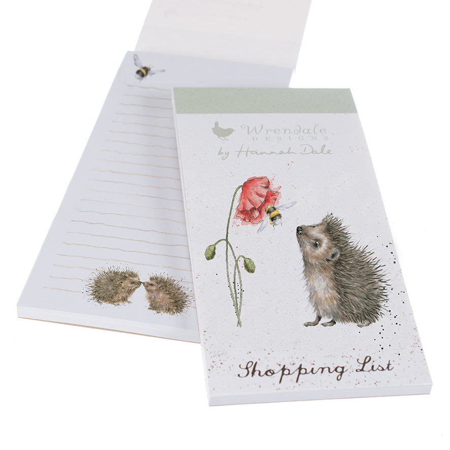 wrendale designs shopping list pad with magnetic strip on back.  Features an illustration of a hedgehog watching a bee in a flower on the front cover.  internal pages are lined and have full colour illustrations