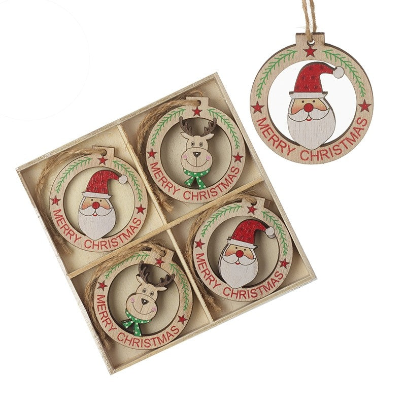 set of 8 round wooden christmas tree baubles featuring a santa or rudolph in the middle and the words merry christmas around the outside.  There is jute string for hanging.