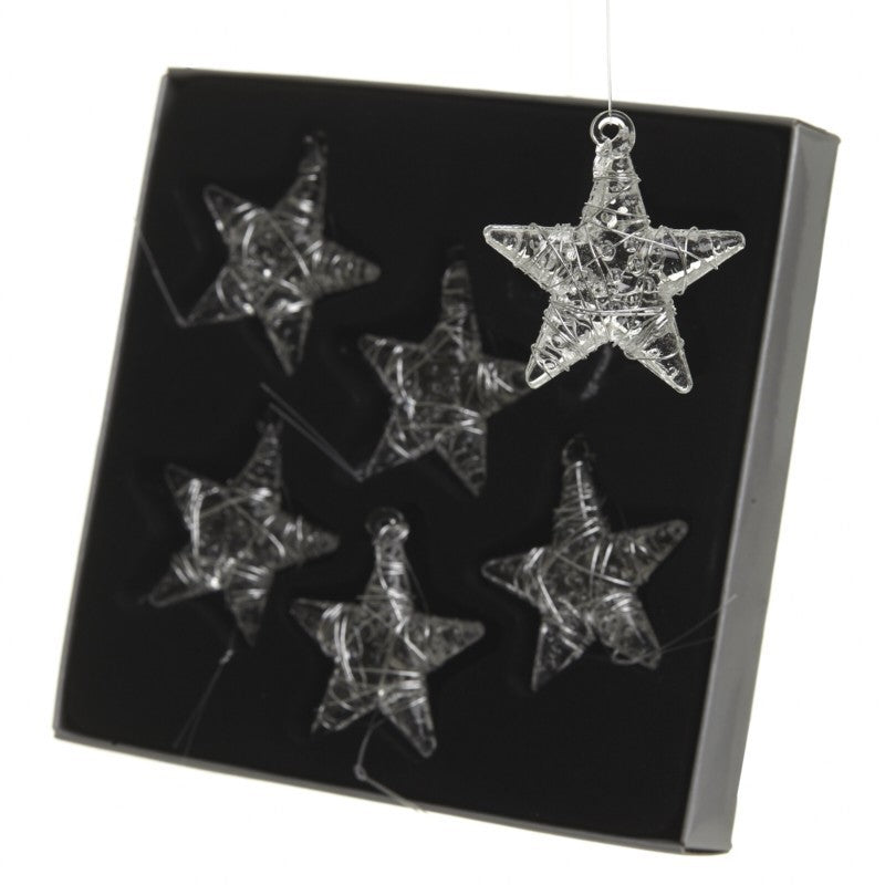 boxed set of 6 clear glass stars for hanging on christmas trees